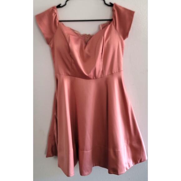 DO+BE Satin Off Shoulder Sweetheart Neck Fit & Flare Dress Almond Medium NEW - Picture 1 of 11